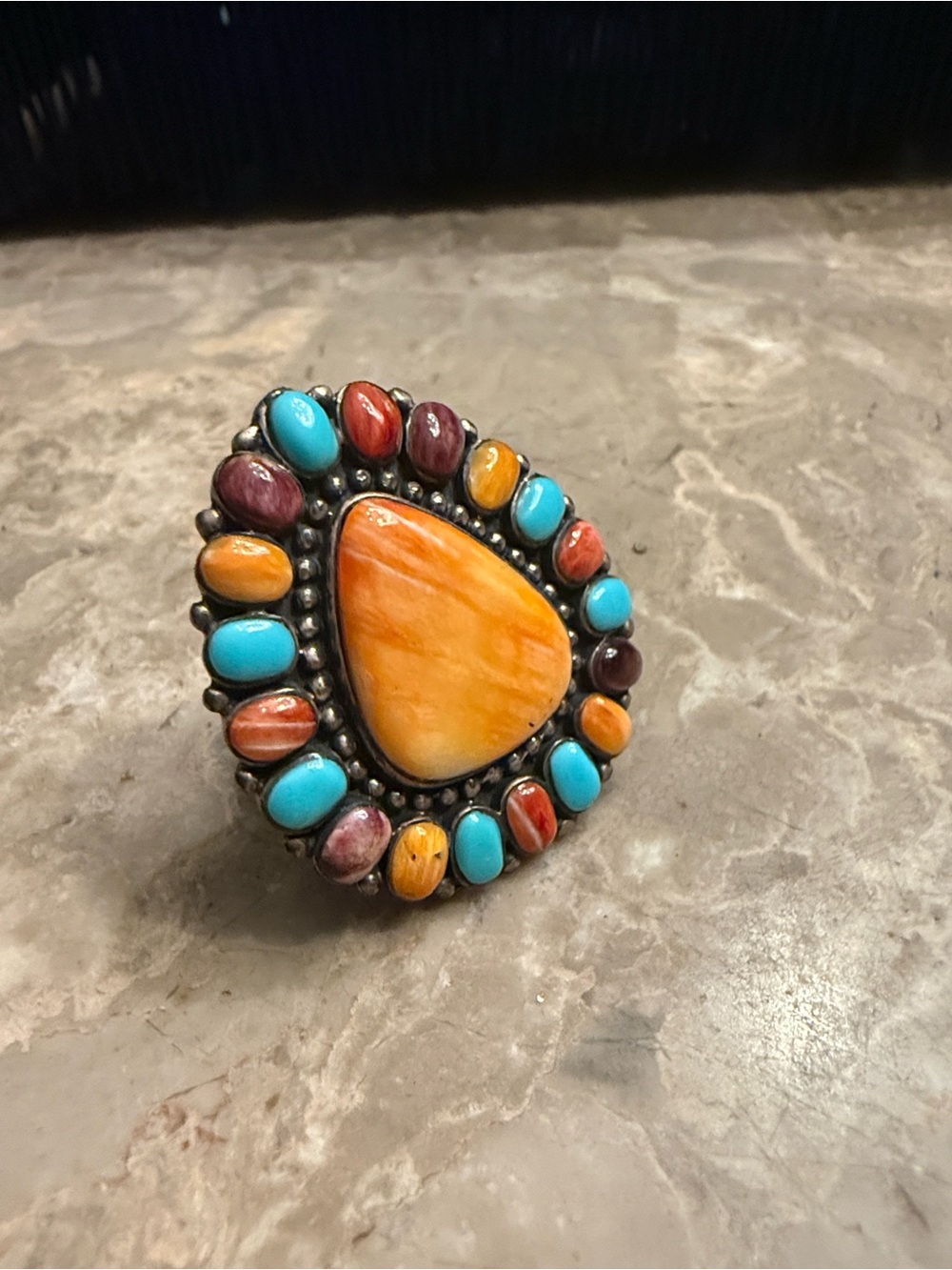 Vintage Native American spiny oyster, and sterling silver adjustable ring signed